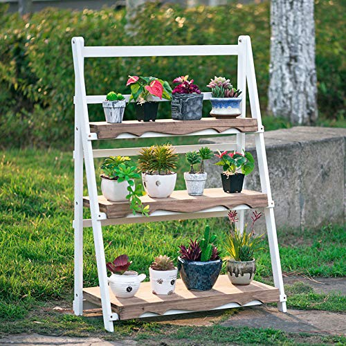 SZITW Étagère à Fleurs à 3 étages en Bois pour l'extérieur, Jardin, Maison, Balcon, étagère, échelle, étagère à Fleurs Pliante, étagère à Vaisselle, présentoir à Fleurs en Bois, White-70cm