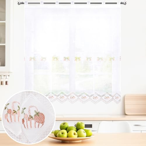 BOD HOME, 1 Pieza,Cortina Translúcida con Trabillas para Cocina, Color Blanco Fresas, Comedor, Cortina Media Altura, Poliéster, Diseños Bordados, Fácil Uso e Instalación. AnchoxAlto:100x150cm