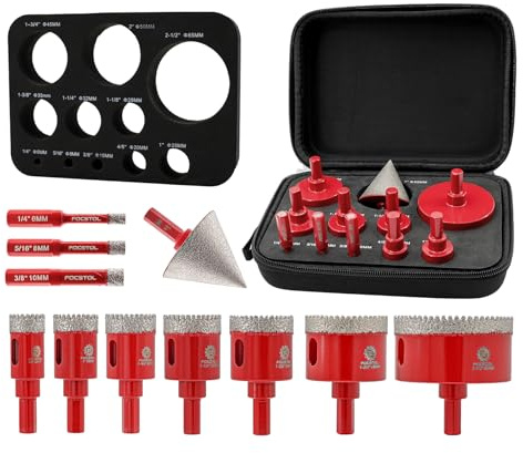 FOCSTOL Juego de Brocas Diamante - 11 piezas (6/8/10/20/25/28/32/35/45/65mm+50mm Broca Chaflán Biselado) Sierra Perforadora para Porcelanico Cerámica Mármol Granito