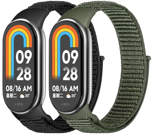 Tiptops Nylon Armband Nur Kompatibel für Xiaomi Smart Band 9/8 Damen Herren, 2 Stück Atmungsaktive Nylon Armband Sport Solo Loop Ersatzbänder für Xiaomi Mi Band 8/9