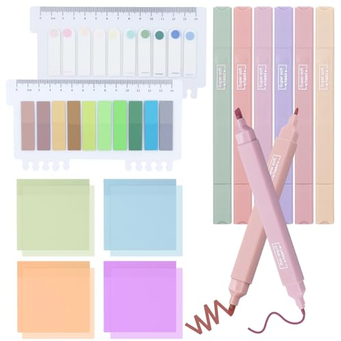 TAIHOBO 600 Stück Haftnotizen Klebezettel, Transparent Sticky Notes Aesthetic, mit 6 Dual Tips Textmarker, Notizzettel Aesthetic School Stuff, Marker Stifte Aesthetic für Bürobedarf Schulsachen