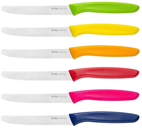 OPOLIA Bunte Frühstücksmesser 6 Stück,Hochwertiges Edelstahl Tafelmesser Mit Wellenschliff,Brötchenmesser,Tomatenmesser,Spülmaschinenfest,Rost&Korrosionsschutz