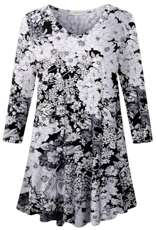 LARACE Tunika, 3/4-Ärmel, Übergröße, Tops für Damen, V-Ausschnitt, lockere Passform, fließende Kleidung für Leggings, Schwarz36Whiteflower, 5X