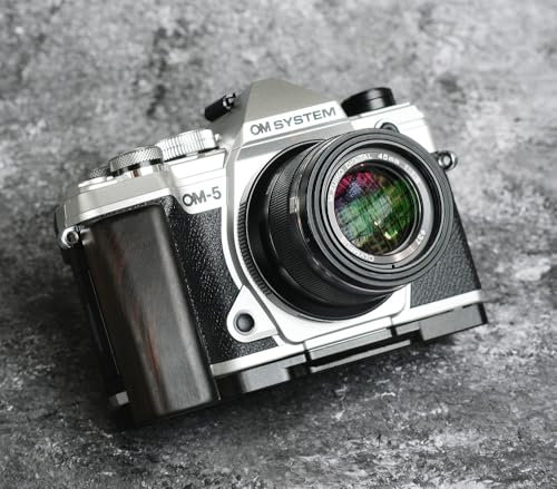 Wood Wooden Handle Hand Grip + Aluminum Base plate L Holder For OM-5 Mirrorless Camera (Ebony,Black Baseplate)