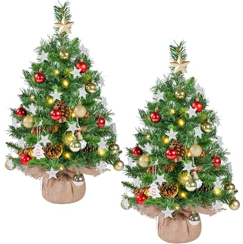 Yaheetech 2er Set 61cm Mini Künstlicher Weihnachtsbaum mit 35 Warmweiß LEDs | Kleiner Tischbaum Tannenbaum Christbaum mit 12 Tannenzapfen Deko für Weihnachten, Grün