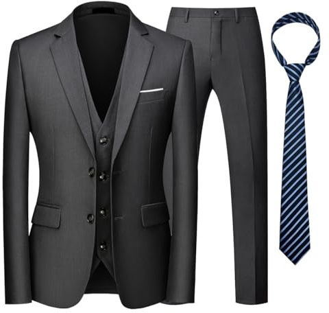 KUDORO Men Suits 3 Piece Slim Fit Single Breasted Two Button Wedding Tuxedo Suit Blazer Waistcoat Trousers with Tie（Grey,M