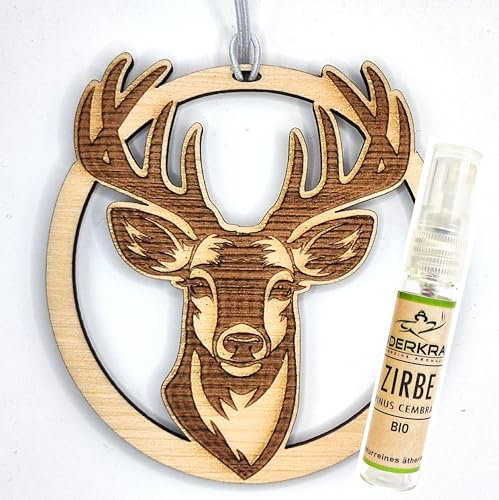 [Zirben Echtholz] HIRSCH Duftbaum/Zirben Anhänger/Auto Lufterfrischer [inkl. 5ml BIO Zirbenspray] verschiedene Designs/Motive, für Auto oder Kleiderschrank. Natürlicher Zirbenholz Duft