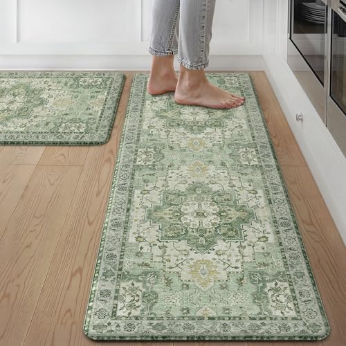 GENIMO Kitchen Mats for Floor 2PCs, Washable Anti Fatigue Mat for Cushioned, 17.3x47+17.3x30, Waterproof Kitchen Rugs, Non Slip Comfort Standing Mat Rug for Home, Sink, Laundry, Light Green