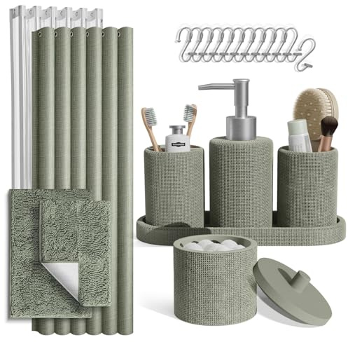 Clara Clark Sage Green Bathroom Set - Bathroom Sets with Shower Curtain and Rugs, 21PC Bathroom Accessory Set, Shower Curtain Set with Soap Dispenser & Toothbrush Holder