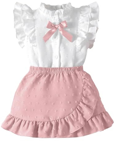 LUVCES Barnklänningar ärmlös kjol set volang och rosett fram skjorta elegant schweizisk prickig kjol 2 delar sommarkläder för flickor, A: Rosa, 12-18 M�nader