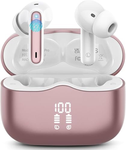 Wireless Earbuds, Bluetooth 5.3 Headphones in Ear with HiFi Stereo Deep Bass, 4 ENC Noise Cancelling Mic Wireless Earphones 40H Playtime, Bluetooth Earbuds Dual LED Display, IP7 Waterproof, Rose Gold