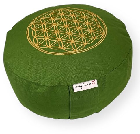 maylow Yoga mit Herz Yogakissen Meditationskissen mit Stickerei Blume des Lebens 33x15 cm für Anfänger und Geübte Bio-Dinkelspelz Füllung Bezug und Inlett Baumwolle waschbar