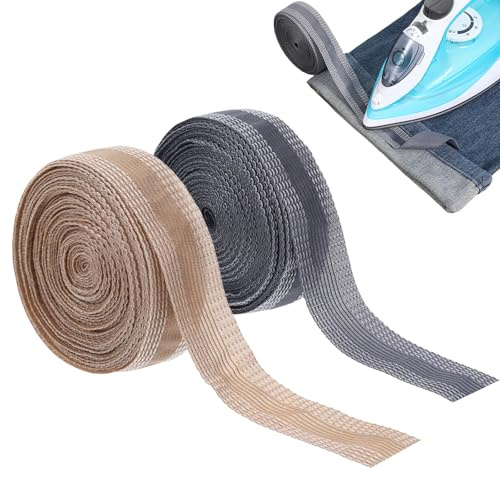 Qiuruoo 2 Stück 10m*25mm Saumband Zum Aufbügeln，Nahtband Zum Aufbügeln，Zum Bügeln von Textilien wie Hosen und Gardinen, Gardinen Kürzen Ohne Nähen,Hose Kürzen Ohne Nähen（Grau + Khaki）