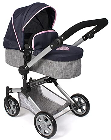Bayer Chic 2000 Puppenwagen Linus | 2in1 Kombi-Buggy Melange Grau-Navy | Großer 2in1 Kombi-Puppenwagen mit umwandelbarer Wanne für Puppen bis 52 cm. Melange Grau-Navy, hoher Griff 47-78 cm.