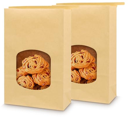 Bakbania 100 Pcs Bakery Bags with Window,9.6x6.1x2.8 inch Tin Tie Tab Lock Bread Storage Bags for Packaging Cookies, Loaf, Popcorn