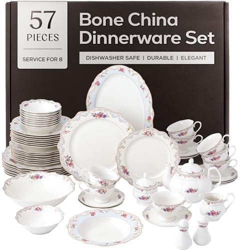 Joseph Sedgh Collection Romantic Bloom 57-Piece Bone China Dinnerware Set, Service for 8, Floral with Blue and Gold Trim