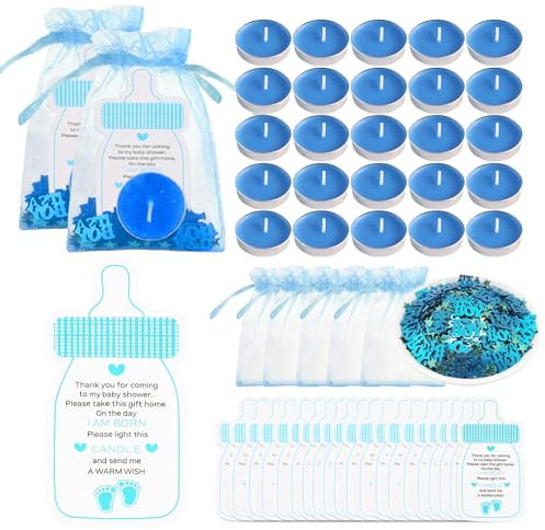 50 Sets Blue Shower Favors Tea Light Candles,Include 50 Candles,50 Organza Bags,50 Little Thank You Tags and 1Pack Party Sequins for Guest Cute Shower Party & Gender Reveal Party Favors