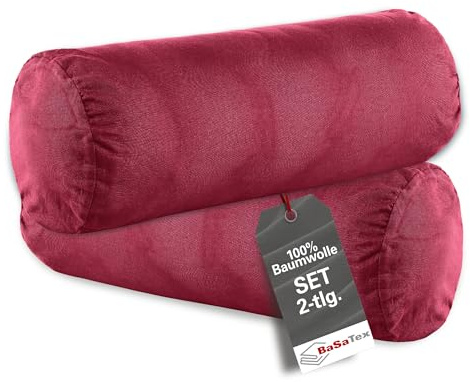 BasaTex Juego de 2 fundas de almohada para cojín cervical de 40 x 15 cm, 100% algodón, cierre de cremallera, color rojo burdeos