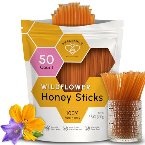 Snackathon Honey Sticks, Wildflower Blossom Pure Honey, 50 Count Bulk, Made in USA Honey Straws for Tea, Coffee & On-the-Go Snacks, Single Serve (1 Teaspoon per Stick)