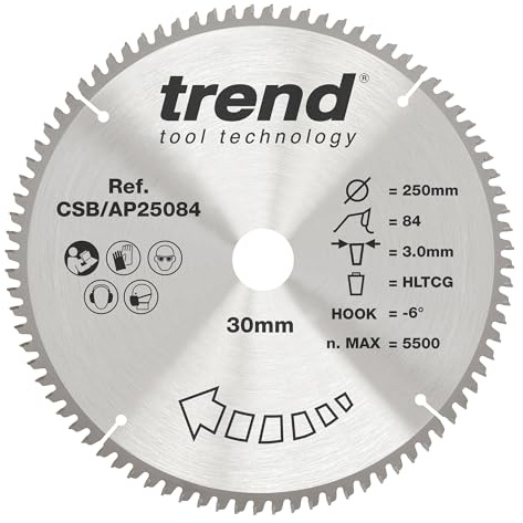 Trend HW-Kreissägeblatt, Aluminium/Kunststoff, 250 mm, 84 Z, 30 mm | Schneidet Aluminium und Kunststoff fein, mit 84 Zähnen, 3 mm Schnittbreite und -6° Haken, CSB/AP25084