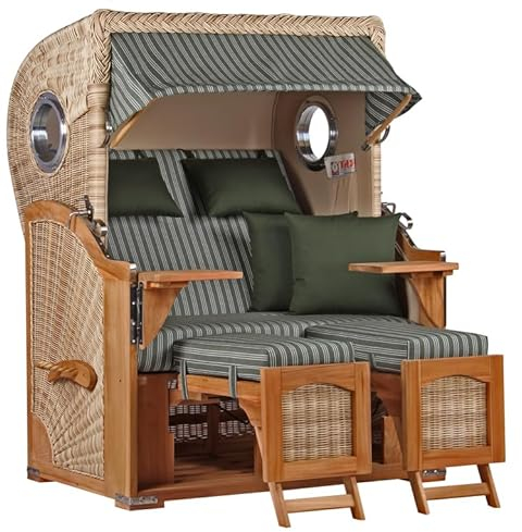 MR. DEKO Strandkorb Teakholz Volllieger PE Geflecht Shell Düne Teak Bullauge inkl. 4 Kissen+Wechselpolster - Strandkörbe aus Teak für Garten, Wintergarten und Terrassen (Dessin 504)