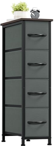 Somdot Schmale Kommode, Schlafzimmer, 4 Kleine Schubladen, Kohlegrau | Komodenschrank, Stoffkommode, Wohnzimmer, mit Stoffschubladen, Metallrahmen, Holzwerkstoffplatte, 48T x 20B x 75H cm