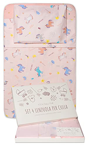 GOYSILA Set Lenzuola Next To Me Compatibili Con Chicco Next2Me Culle Materasso 83x50 Cotone 100% Certificato Oeko-tex® 2 Lenzuolini Angoli 1 Lenzuolo sopra 1 Federa Lavabili Lavatrice 40° Unicorni