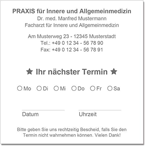 500 Terminzettel Terminkarten nächster Termin mit Ihrer Adresse personalisiert in praktischer Zettelbox mit Stiftehalter 10 x 10 cm (weiß)