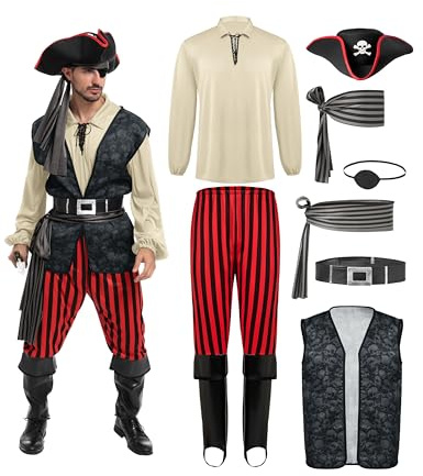 Spooktacular Creations Piratenkostüm für Herren, Khaki-Piratenhemd für Erwachsene, Weste, Wikingerhose, Hut, Zubehör-Set für Halloween-Süßes-oder-Saures-Cosplay-Partys