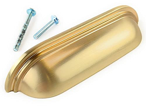 French Furniture Fittings Sets of 6 Cup Handles for Kitchen cabinets, Cupboard Drawer & Door Shell Handles, matt Brushed Brass Finish by FFF (96mm Between fixings)