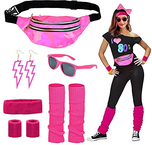 CHMMY 80er Jahre Accessoires Outfit Damen, 80er Jahre Kleidung Damen Set mit Bauchtasche, Stirnband, Beinwärmer, Armbänder, Brille und Ohrring für Karneval Neon 80 Jahre Party Outfit Rosenrot