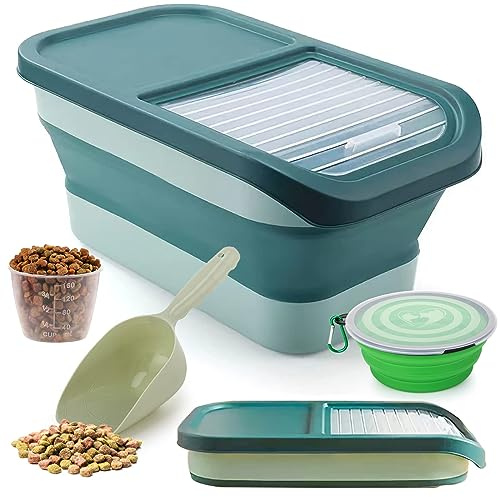 Wuciray Dog Cat Food Storage Container for dry food 5KG-10KG Airtight Folding Dog Food Bin Pet Food Storage Container with Lid Measuring Cup Scoop food storage for dogs with Wheels