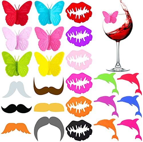RUIJIE Glasmarkierer Glas Markierung, 24 Stück Bunte Glasmarker Silikon, Weinglasmarkierer Saugnapf, Wein Marker Trinkgläser, Teebeutel Halter Getränkemarker für Weinglas, Trinkglas, Tassen (4 Formen)