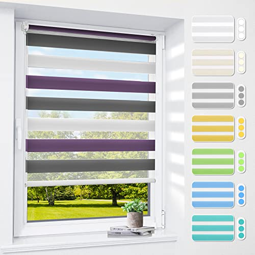 Doppelrollo klemmfix ohne Bohren & mit Bohren, 35x120cm (BxH) Weiß Lila Anthrazit, 3-in-1 Duo Rollo für Fenster & Tür, Fensterrollo innen lichtdurchlässig & verdunkelnd, Klemmrollo Rollos Sonnenschutz