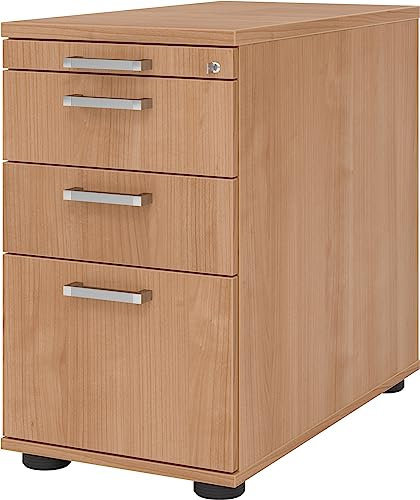 bümö Schreibtisch Schrank Büro mit Hängeregister für Hängeordner, Schubladenschrank Holz in Nussbaum, Container mit Schubladen & Hängeregistratur - Schreibtisch Kommode mit Chromgriffe