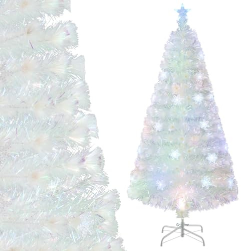 COSTWAY 120cm Árbol de Navidad Blanco, Hojas Iridiscentes, Árbol de Navidad de Fibra Óptica Preiluminado, 18 Luces LED de Copos de Nieve, Estrella, Arvore de Natal Oficina y Hogar (120cm)