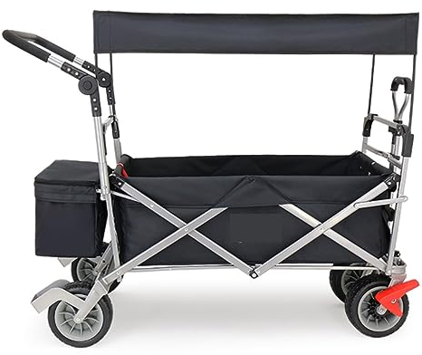 RUVOO Bollerwagen Faltbar Handwagen Campingwagen Klappbarer Gartenwagen, Robuster Wagen Mit Vordach Für Outdoor-Camping, Strand, Zugwagen Mit 4 Rädern Strandwagen Transportwagen (Color : Black)