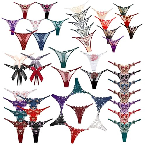 abandi G String Thongs for Women Sexy Assorted Floral Lace Bow-Knot Panties Variety 10 Pack Adjustable T-Backs Tangas