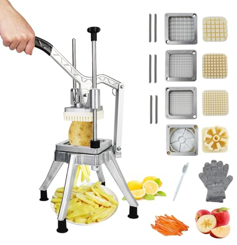 Commercial Vegetable Fruit Food Chopper, Heavy Duty Potato French Fry Cutter Dicer Slicer W/ 4 Sizes Stainless Steel Replacement Blades, 1/2, 3/8, 1/4 & 6-Wedge Blades for Restaurants Home Kitchen