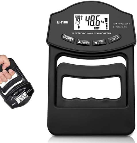 GOMETY Medidor de fuerza digital manual, 396lb/180 kg, dinamómetro de mano, inteligente y sensible, agarre de fuerza electrónica, gran pantalla LED con cable USB (negro)