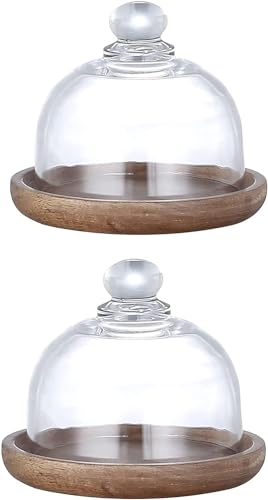 Lot de 2 mini beurriers en bois, assiettes à dessert avec couvercle dôme en verre transparent pour gâteau au fromage à la crème
