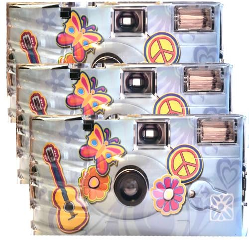 Lot de 3 appareils photo jetables 1A PORST Edition Flower Power, fleurs et papillon, avec flash, piles et film (lot de 3, 27 prises chacune)