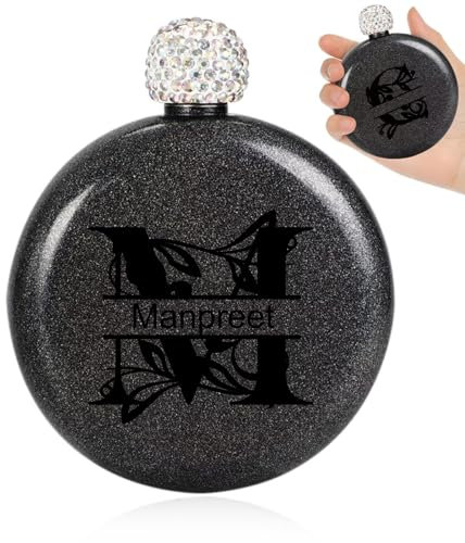 Petacas Personalizadas para Mujer,Frascos de Acero Inoxidable con Nombre Personalizable,Frascos de whisky portátiles con tapas recubiertas de purpurina,Adecuado para barbacoa/viaje(Negro)