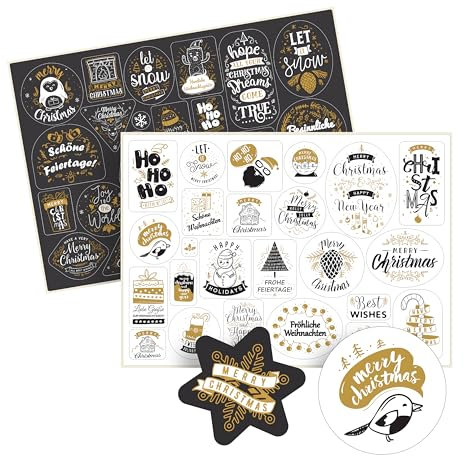 Weihnachtssticker als Geschenkaufkleber oder für Weihnachtskarten – 50 Aufkleber auf 2 Bögen – Weihnachtsetiketten selbstklebend zur Deko Weihnachten – Sticker Set Winter - Set 1 - schwarz-weiß