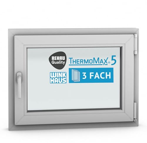 ThermoMax 5 Classic Kunststoff-Fenster, Uw-Wert 1,2, BxH: 80x60cm / 800x600mm, DIN rechts (Griff links), mit 3-fach Wärme-Isolier-Verglasung, Winkhaus Sicherheitssystem & Rehau Profil