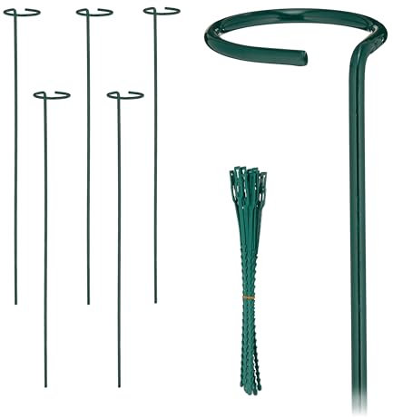 Relaxdays Pflanzstäbe Metall, 6er Set, Rankstäbe mit Ring, Metallstäbe Garten, mit Pflanzenbindern, 60 cm, dunkelgrün