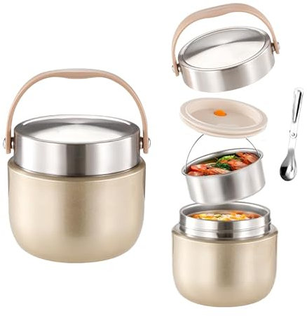 Insulated Food Flask Vacuum Food Jar Double Walled Stainless Steel Vacuum Flask Soup Flask with Spoon and Carry Handle BPA-free On-the-Go Meals Container for Hot & Cold Food, 1200ml (Rose Gold)