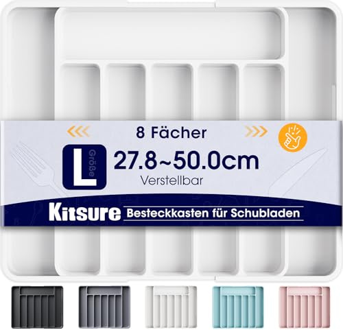 Kitsure Schubladen-Besteckkasten – verstellbarer Schubladeneinsatz aus BPA-freiem Material, Mehrzweck-Schubladen-Organizer, Küchen-Organizer, groß, weiß, 34.90 x 28.40 x 4.00 cm