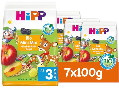 HiPP Bio Mini Mix Müesli Früchte Riegel 10 Stück (7er Pack mit je 10 x 10g), Süße nur aus Früchten, verschiedene Geschmacksrichtungen, ideal für unterwegs & zwischendurch