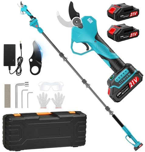 Tijeras de Podar Electricas, Con Mástil Telescópico de 200cm, Apertura de 50mm, 2 * 2000mAh Batería Tamaños de Apertura con Monitor Tijeras de Podar con 1000W Motor Brushless para Jardinería,Frutales